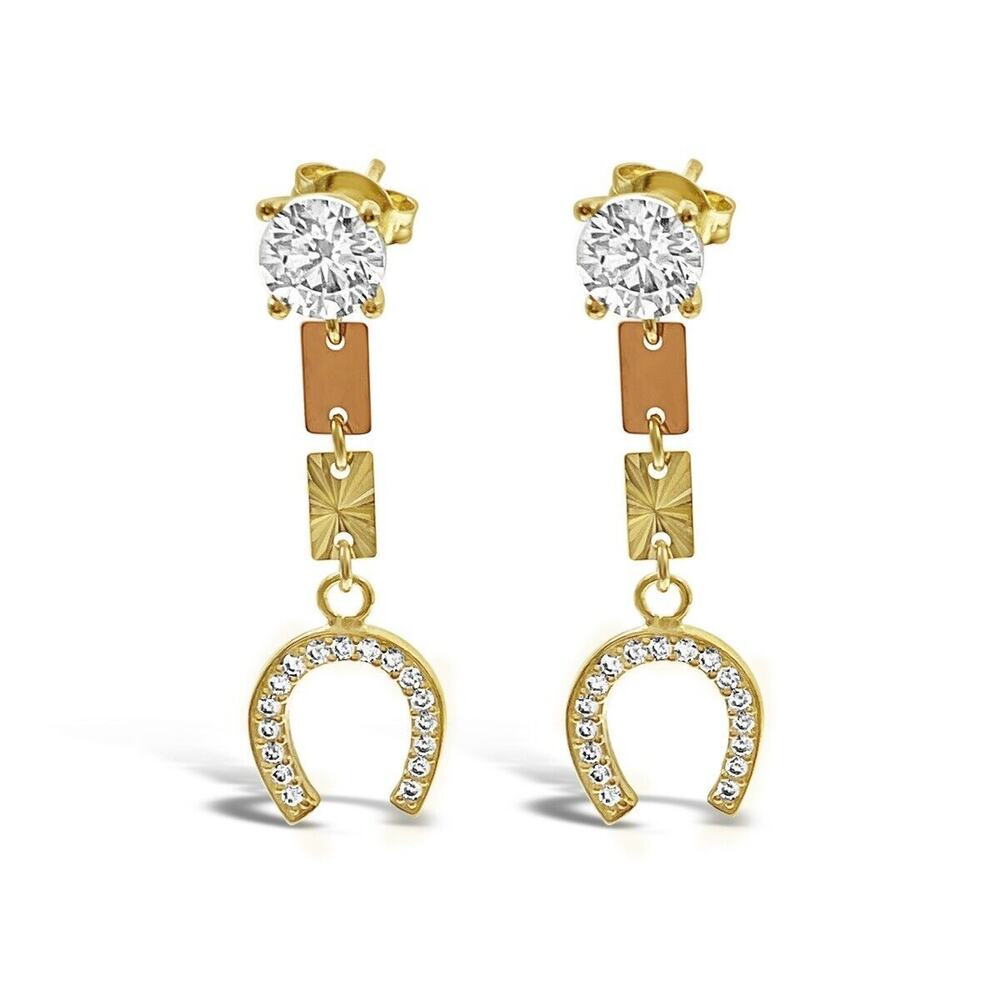 Horseshoe Drop Dangle Stud Earrings Real 14k Yellow Rose Gold
